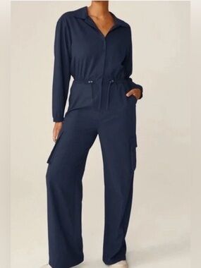 NWOT Beyond Yoga Jumpsuit Navy Coveralls Drawstring Waist Cargo Wide Leg Sz XS